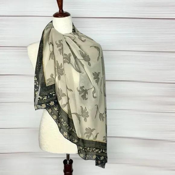 Silk Crepe Square Scarf Taupe Gray Floral Print Hand Rolled 41x41 inches - Picture 4 of 11